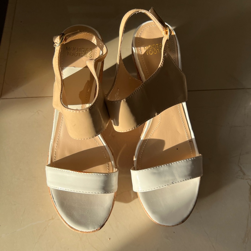 Mootsies Tootsies Tan and White Cork Wedge Sandals
